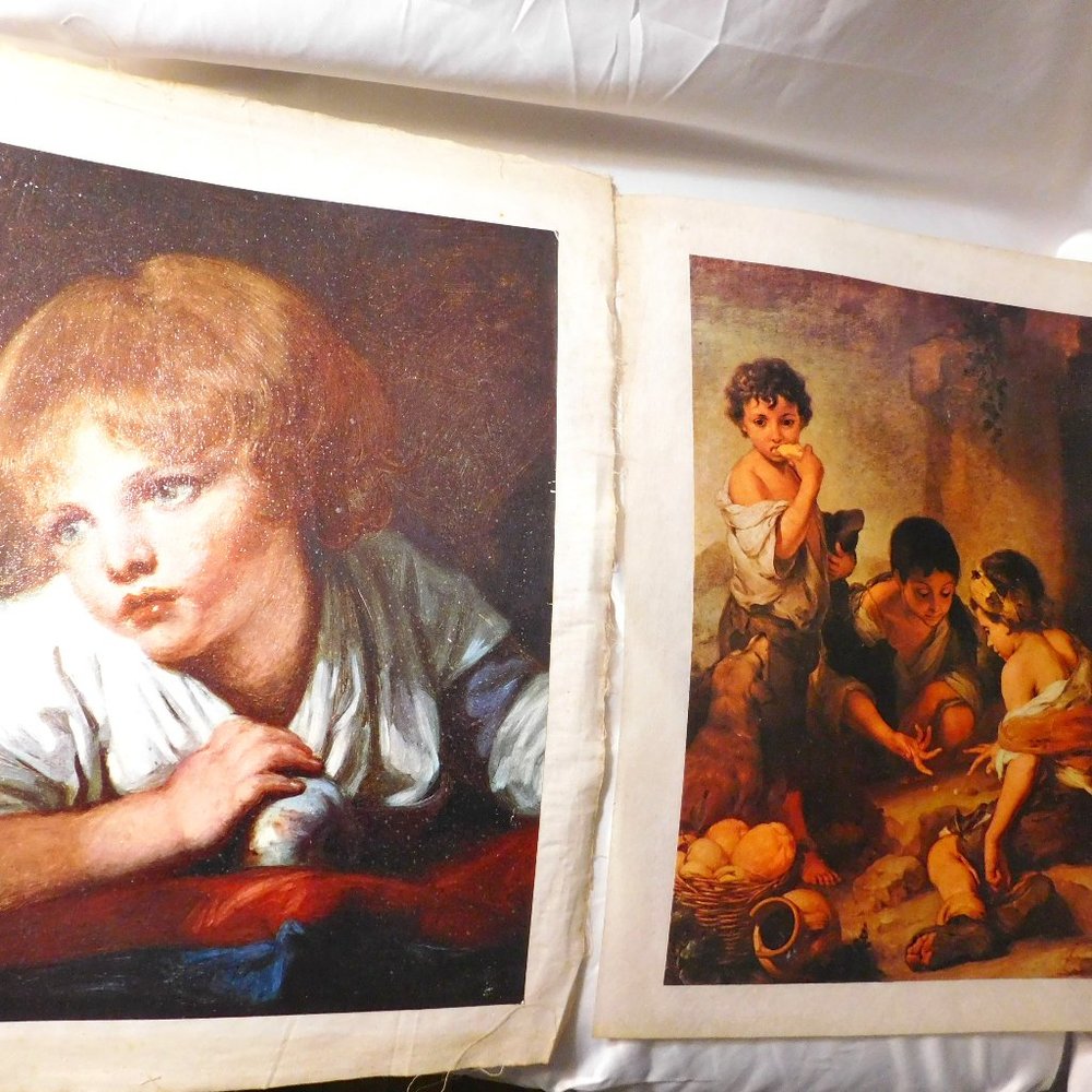 Vintage Prints Jean Baptiste Greuze Boy with Apple & Murillo Boys Playing